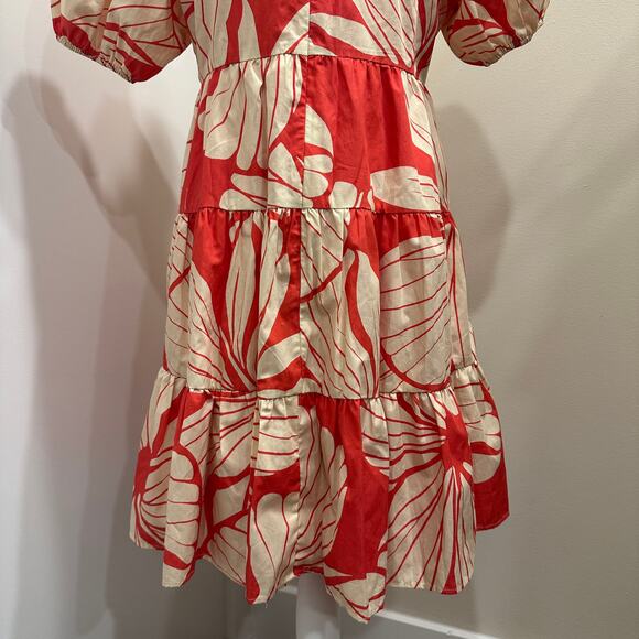 Hutch Coral Plumeria Print Puff Sleeve Tiered V-Neck Mini Dress Preppy Coastal - Picture 11 of 13